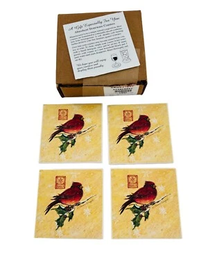 Susan Winget Stone Drink Coasters Set (4) Frosty Night Cardinals Christmas New - Image 1 of 4