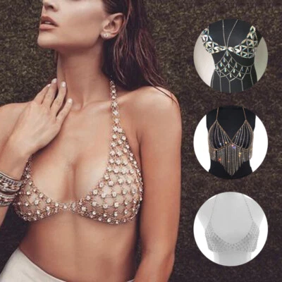 Joyería de cristal Sujetador Cadena Mujeres Estrás Cuerpo Cadena Playa Bikini Pecho Prendas para el torso Foto 1 de 4