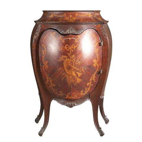 Antique Marquetry Bombe Music Cabinet, Inlaid, Shelves, Early 20th, Unique Shape Cover