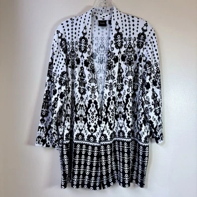 Rafaella Cardigan 1X 黑色白色 Ikat 设计开口前波西米亚  — 第 1/4 张图片