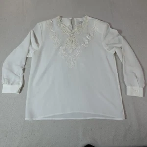 Vintage Kathy Che Shirt Womens 14 White Beaded Lace Blouse Old Money Luxury USA - Picture 1 of 12