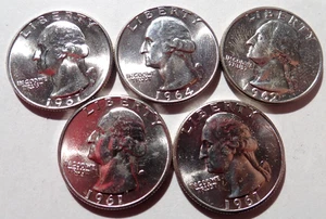 Lot of (5) SILVER Washington Quarters: 1961, 1962-D & 1964 - All Uncirculated - Picture 1 of 4