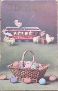 Postkarte Ostern 1910, Easterville Eisenbahnwagen Straßenbahnwagen, Küken, geprägt - Bild 1 von 1