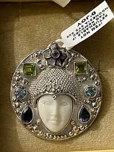 SajenGoddess Multi-gemstone Carved Face Sterling Silver Pendant NEW! - Picture 1 of 8
