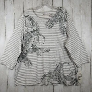 Alfred Dunner Womens Gray White Stripe Paisley Embellish Pullover Blouse 1X NWT - Picture 1 of 1