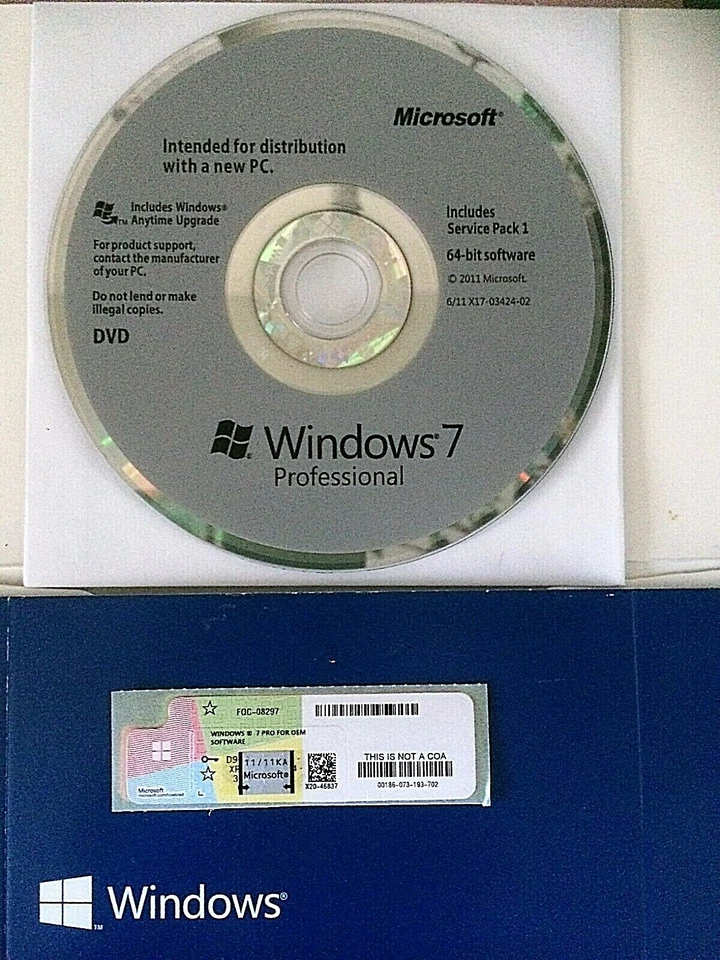 Windows 7 Pro 64bit Sp1 format DVD langue anglaise licence autocollante scellé - Bild 1 von 1