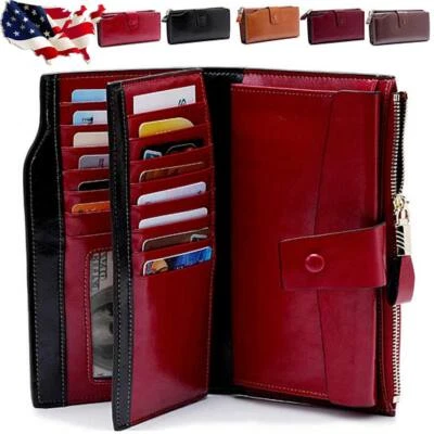 Women Genuine Leather Long Wallet Money Card Holder Clutch Purse RFID Blocking - Image 1 of 4