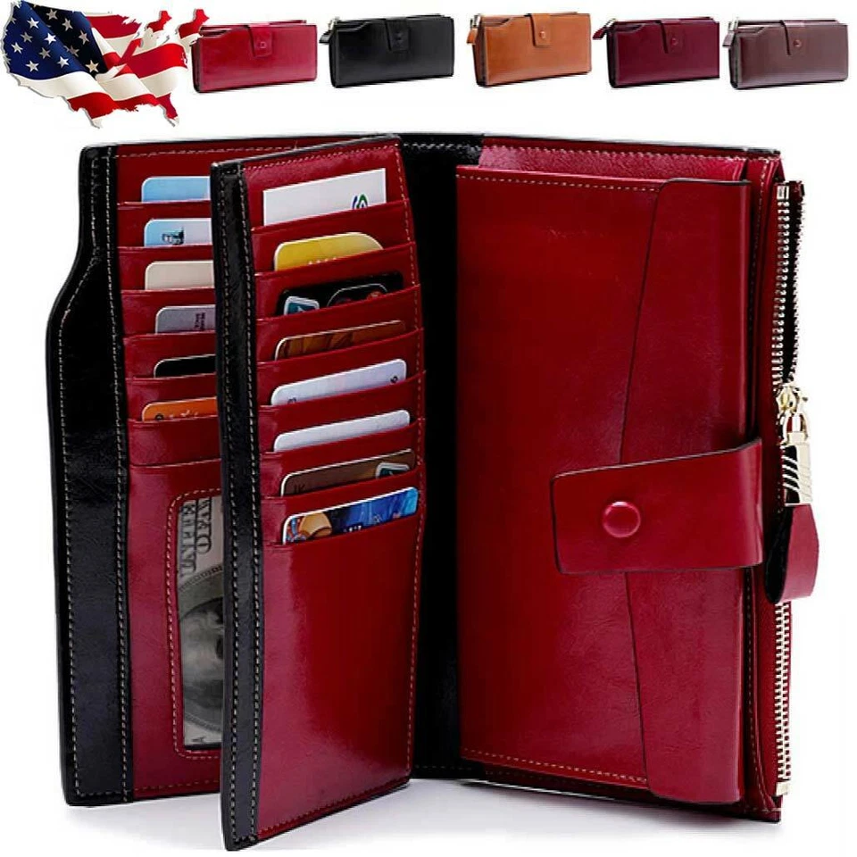 Women Genuine Leather Long Wallet Money Card Holder Clutch Purse RFID Blocking - Image 1 of 4