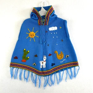 San York Kid's Hooded Pullover Poncho Felt Embroidered Blue Size 6 - Picture 1 of 12