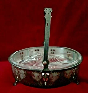 Vtg Basket Divided Glass Dish Mint Tidbit Tray Pierced Silverplate Stand - Picture 1 of 8