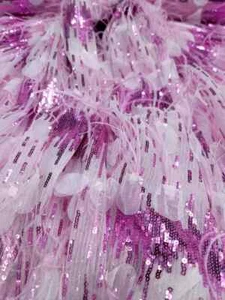 "Mesh Fabric with Embroidered Feathers, Sequins, and Pink Lace - Sold by the Yar - Picture 1 of 14