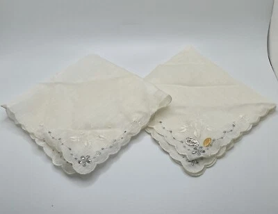 2 Vintage Handkerchief Burmel Hankie Embroidered Silver Flowers Bride Bridal - Image 1 of 4