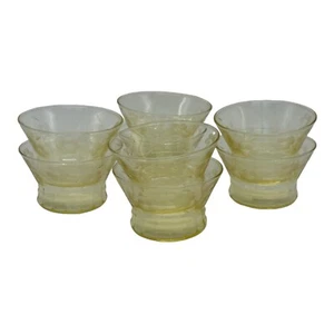 8 Vintage Yellow With Etched Floral Leaves and Vines Depression Glass Berry Bowl - Picture 1 of 12