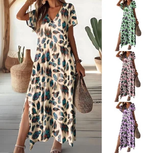 Women Summer Dress V Neck Loose Dresses Printed Beach Holiday Maxi Dress - Picture 1 of 20