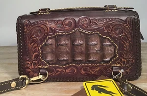 CROCODILE SKIN HORNBACK CARVED LEATHER CLUTCH, HANDMADE BRAIDED WOMEN bag wallet - Picture 1 of 8