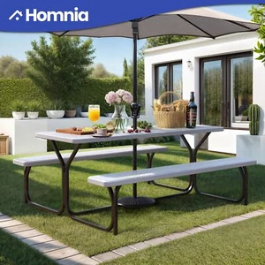 6ft Picnic Table Bench Chair Set for 8 Person Metal Frame w/ Umbrella Hole - Picture 1 of 13