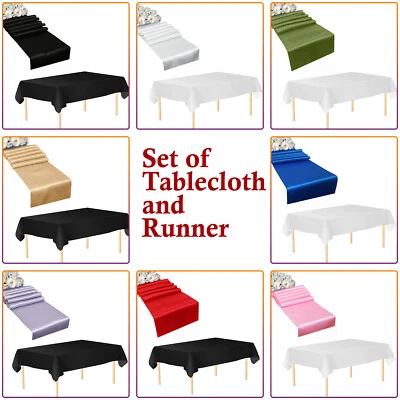 Satin Table Runner with Plastic Tablecloth Set for Party Dining Table Decoration - Image 1 of 4