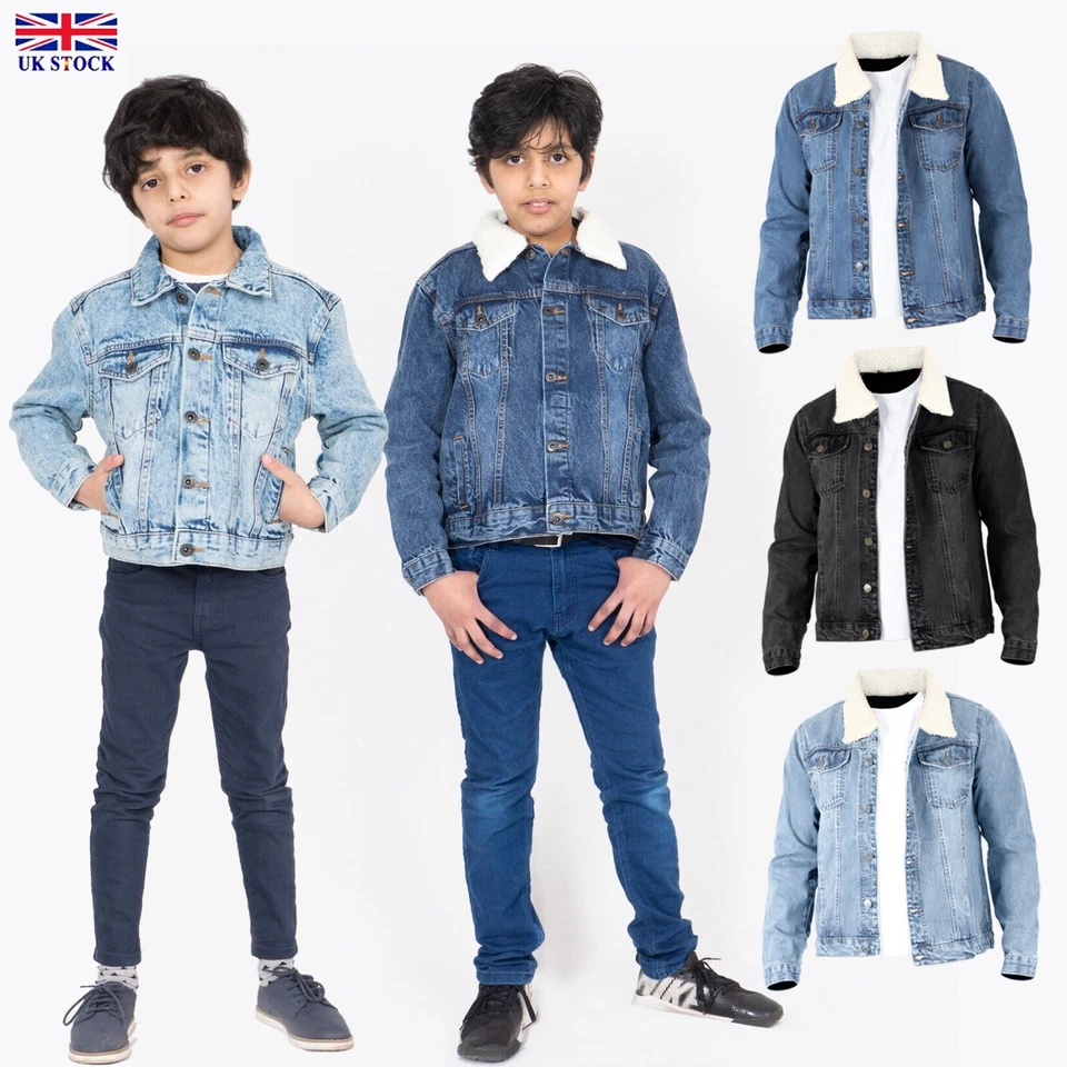 NOROZE Neu Kinder Jungen abnehmbarer Sherpa gefütterter Kragen Denim Trucker Jeansjacke Mantel