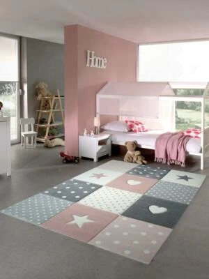 Kinderteppich Spielteppich Babyteppich Mädchen mit Herz Stern rosa creme grau - Bild 1 von 4