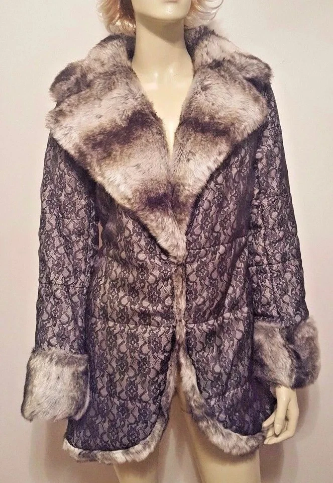 Abrigo de encaje negro de piel sintética ADRIENNE LANDAU ¡NUEVO! ¡Raro! Talla XS Foto 1 de 4