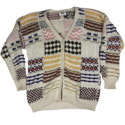 Vintage Hand Knit Patchwork Cardigan Sweater Ramie Cotton Quilt Boho PM Cottage - Image 1 of 4