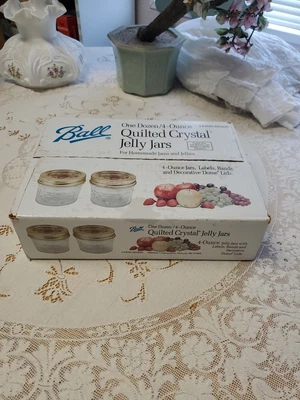 Ball 12 Pack Quilted Crystal 4 oz Glass Jelly Jars with Decorated Lids NOS - Image 1 of 3