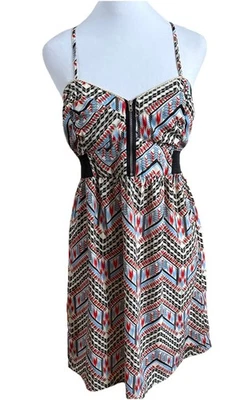 Mini Vestido de Verano BILLABONG Azul Crema Rojo Estampado Azteca Tirantes Espalda Mediano Foto 1 de 4