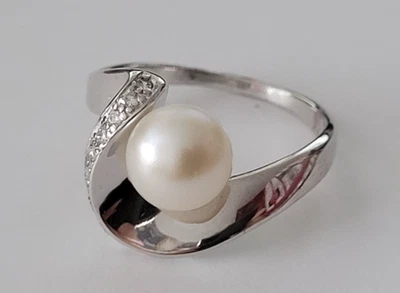 Anello In Argento Massiccio 950/1000, Perla Di Cultura E Strass - Taglia 54 - Immagine 1 di 2