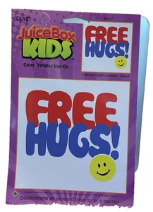 Neu aus altem Lagerbestand 2009 Free Hugs mit Smilie Gesicht kariert SaftBox Kinder Bügeltransfer 5 x 3,5 - Bild 1 von 3