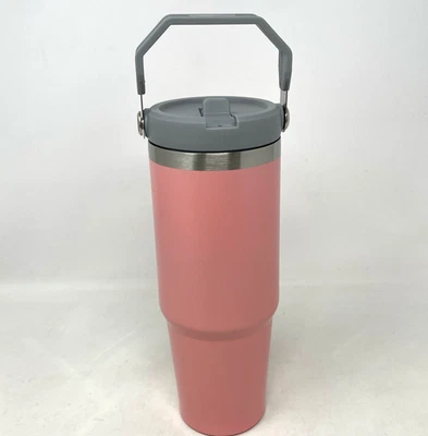 Copo de 30 oz com tampa de alça canudo copo de garrafa de água com isolamento a vácuo rosa/cinza - Imagem 1 de 4