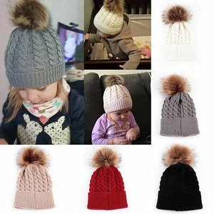 Baby Girls Boys Toddler Warm Knitted Fur PomPom Bobble Hat Beanie Caps Winter  - Picture 1 of 9