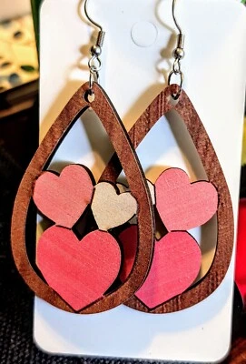 Pendientes Love Heart Rosa Rojo Madera Forma Lágrima Colgante Gota  Foto 1 de 3