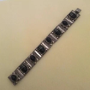 Vintage Alpaca Mayan Mask Bracelet Carved Onyx Faces 7.5" Mexico - Picture 1 of 11