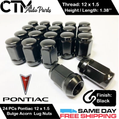 24PC PONTIAC BLACK CONICAL SEAT 12X1.5 WHEEL LUG NUTS BULGE ACORN FOR PONTIAC - Image 1 of 2