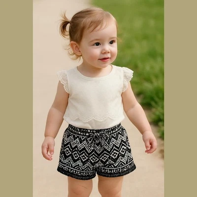 Koala Kids Girls Outfit Size 2T Sahara Black Cream Lace Funky Print Top Shorts - Image 1 of 4