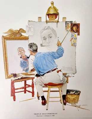 Impresión de libro triple autorretrato Norman Rockwell vintage 1990 doble cara Foto 1 de 4