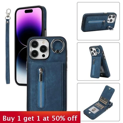 For iPhone 16 Pro Max 15 14 13 12 11 XR Phone Case Ring Bracket Leather Wallet - Image 1 of 4