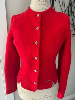 Cárdigan alpino Geiger Tyrol austriaco rojo lana hervida metal botón delantero 40/M Foto 1 de 4