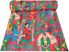 Indian Frida Kahlo Printed Cotton Handmade Kantha Quilt Single Blanket Bedspread