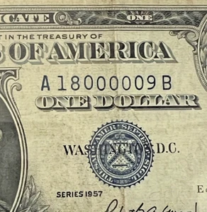 1957 SILVER CERT W/5 ZEROS IN A ROW IN SERIAL #--FIRST 2 DIGITS ADDED EQUAL LAST - Picture 1 of 3
