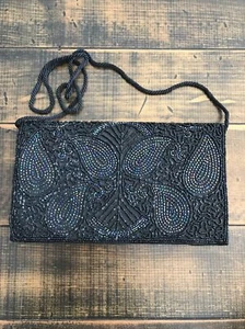 VINTAGE BLACK BEADED Evening Bag Handbag Purse CLUTCH Retro - Picture 1 of 9