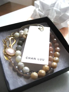 Chan Luu Necklace Mother O Pearl Moonstone Labradorite Gold Modern Logo Hook NWT - Picture 1 of 13