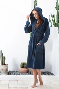 SEYANTE 100% Turkish Cotton Women's Luxury Hooded Terry Bathrobe Rice Weave Trim - Picture 1 of 22