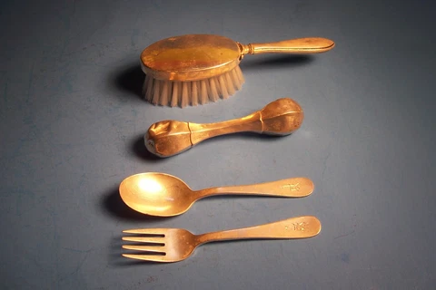 4 VINTAGE STERLING BABY IMPLEMANTS,BRUSH,RATLER,FORK/SPOON, L-S8 Cover