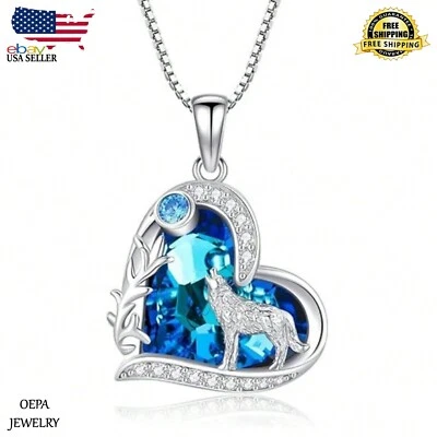 Collar Lobo Plata de Ley 925 Cristal Lobo Collar para Mujer Colgante Foto 1 de 4