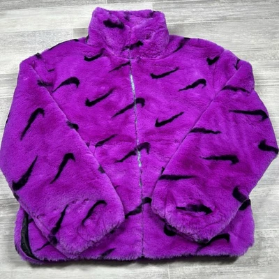 $185 Nike Sportswear Plush Printed Faux Fur Jacket Purple Women's XS DQ6842-551 - Image 1 of 4