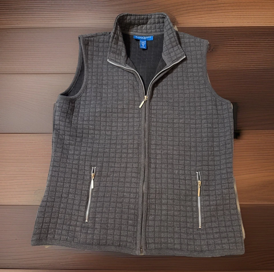 Chaleco Karen Scott Sport Gris Acolchado Talla S Bolsillos con Cremallera Completa Foto 1 de 4