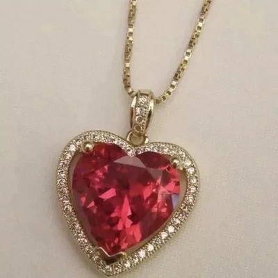Lab-Created Red Ruby 3Ct Heart Cut Halo Pendant 14K Yellow Gold Plated F/Chain - Image 1 of 4