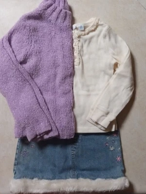 女孩 3 件装紫色毛衣米色 LS 衬衫毛皮装饰裙水钻尺寸 6X — 第 1/4 张图片