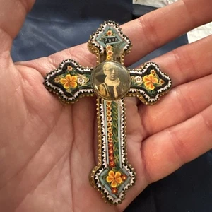 20th CENTURY Roma MICRO MOSAIC MILLEFIORI Crucifix Pope Pius XII CROSS PENDANT - Picture 1 of 12